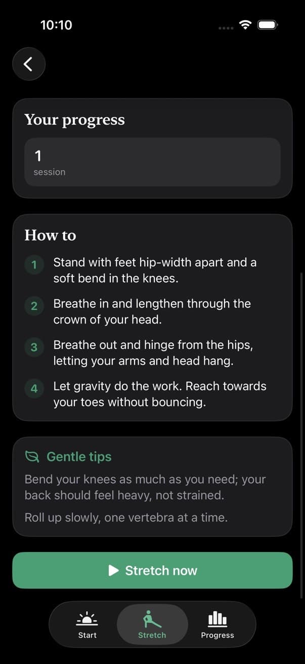 Step-by-step instructions and gentle tips for Standing Toe Touch