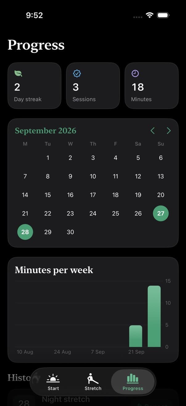 The Progress tab with a streak, a calendar and minutes per week